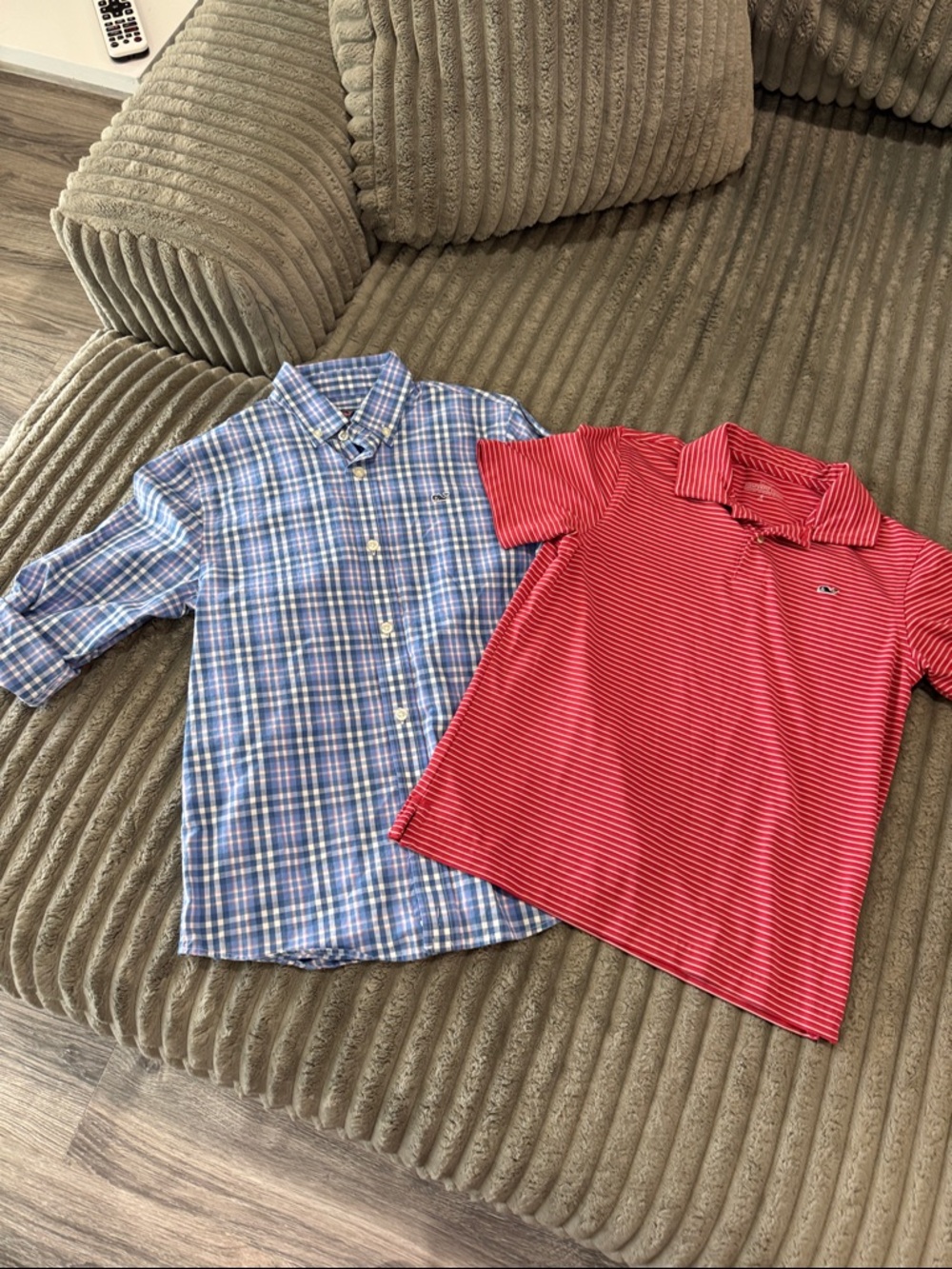 Vineyard Vines Red Striped Polo & Blue Plaid Button-Down Whale Shirt